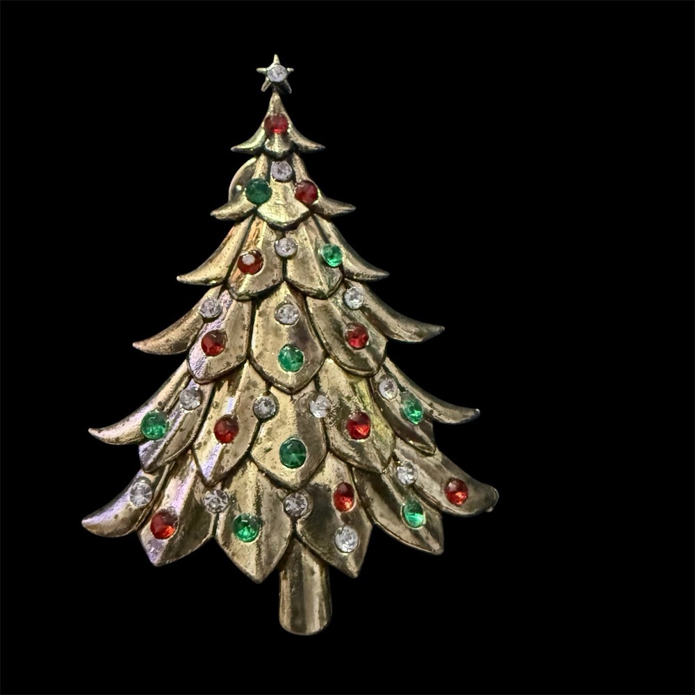 Gold Tone Christmas Tree Pin Brooch Clear/Red/Green Stones Grandma Core Vintage